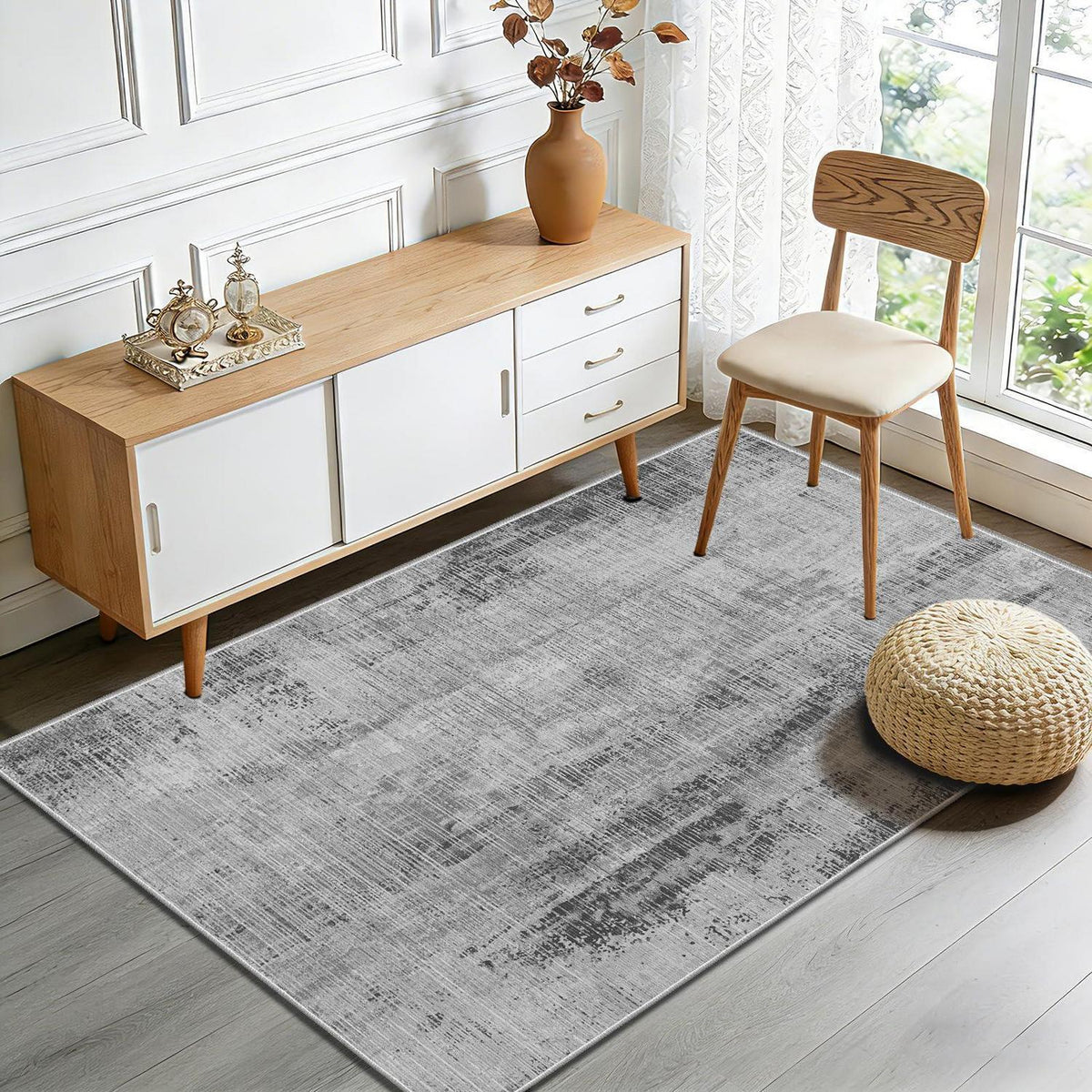 Grauer abstrakter Teppich 140x200cm – Waschbar, Rutschfest & Modern