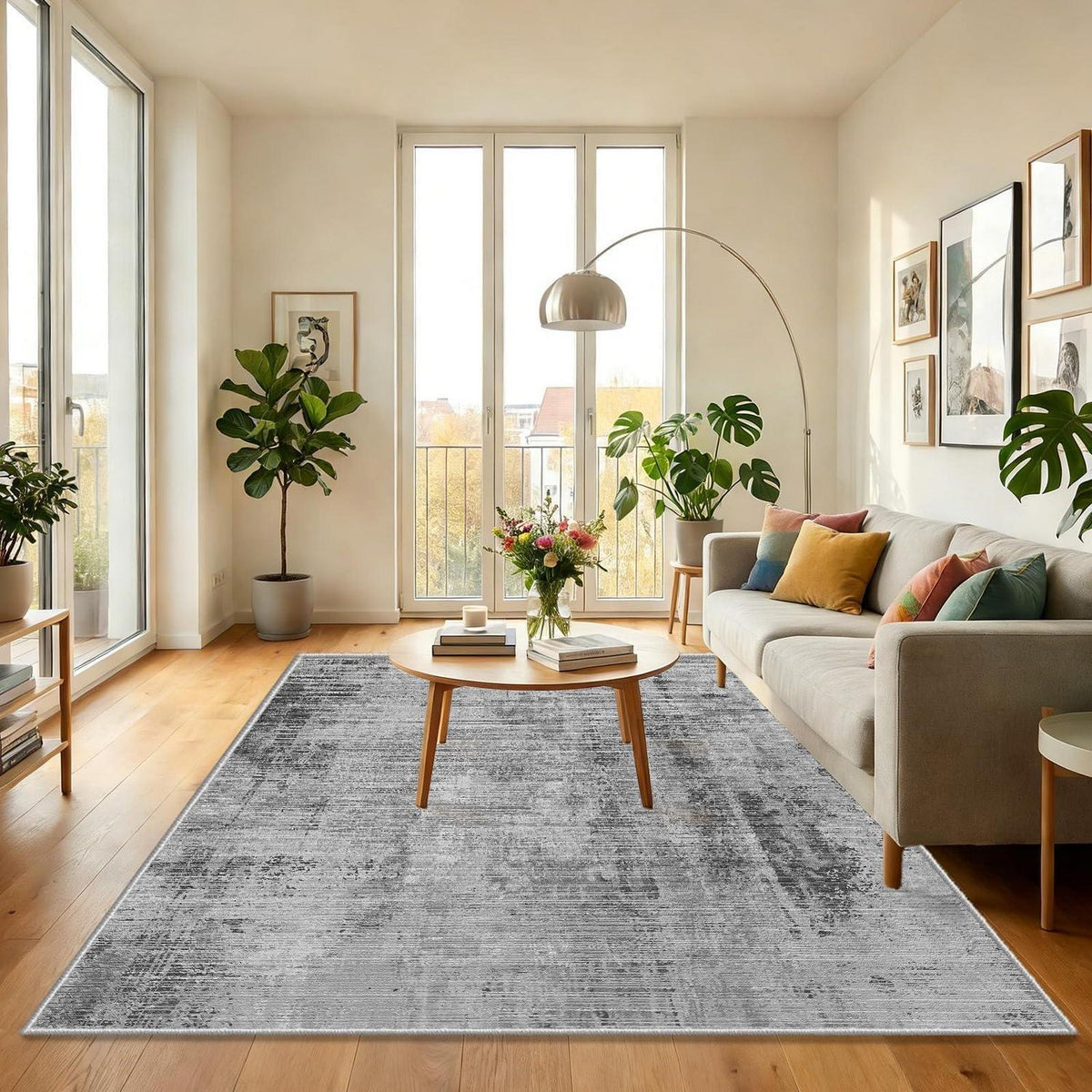 Grauer abstrakter Teppich 140x200cm – Waschbar, Rutschfest & Modern