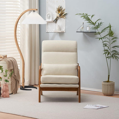 Cremeweißer Lounge-Sessel mit Massivholzrahmen & Mid-Century Stil