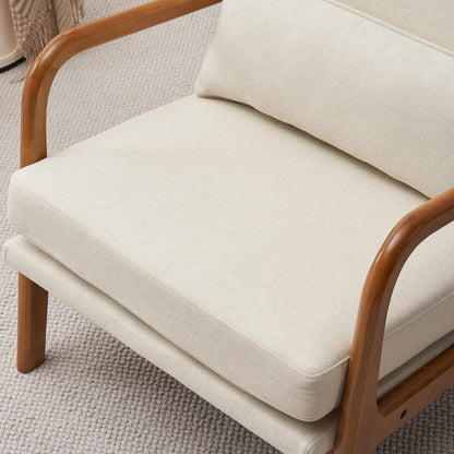 Cremeweißer Lounge-Sessel mit Massivholzrahmen & Mid-Century Stil