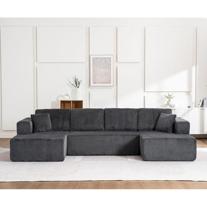 Modernes U-Sofa 4-Sitzer mit Kissen, Grau, Cord Stoff, Kein Aufbau