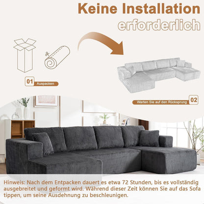 Modernes U-Sofa 4-Sitzer mit Kissen, Grau, Cord Stoff, Kein Aufbau