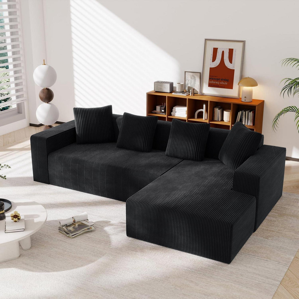 Modernes 3-Sitzer Sofa mit Liegefunktion & Kissen (Schwarz)