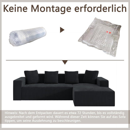 Modernes 3-Sitzer Sofa mit Liegefunktion & Kissen (Schwarz)