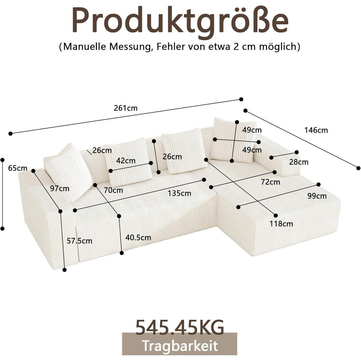 Modernes 3-Sitzer Sofa mit Liegefunktion & Kissen (Weiß)