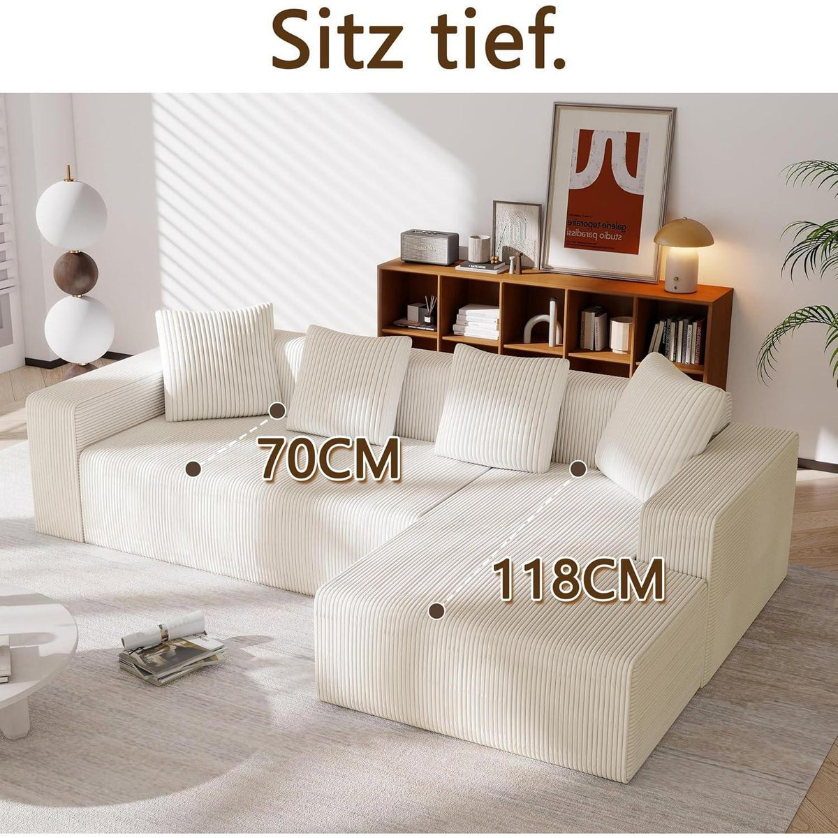 Modernes 3-Sitzer Sofa mit Liegefunktion & Kissen (Weiß)