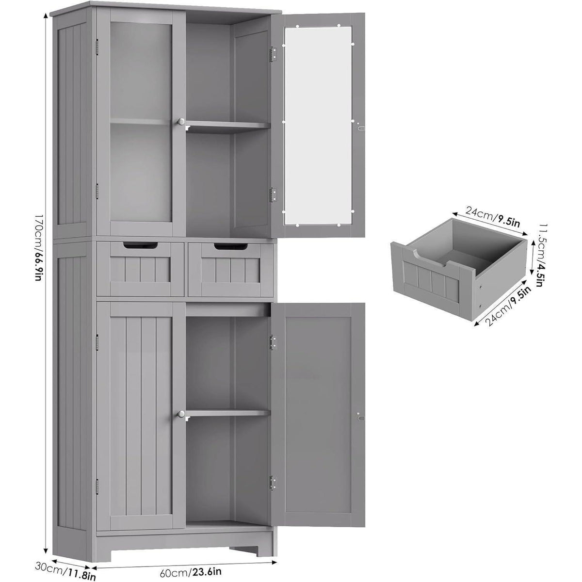 Hochschrank Badezimmerschrank mit 4 Türen & 2 Schubladen Grau