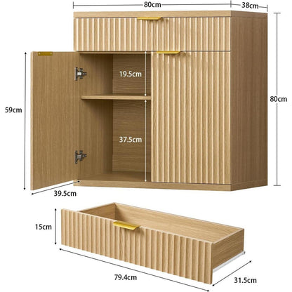 Sideboard mit geriffelten Türen & goldenen Griffen, Eiche