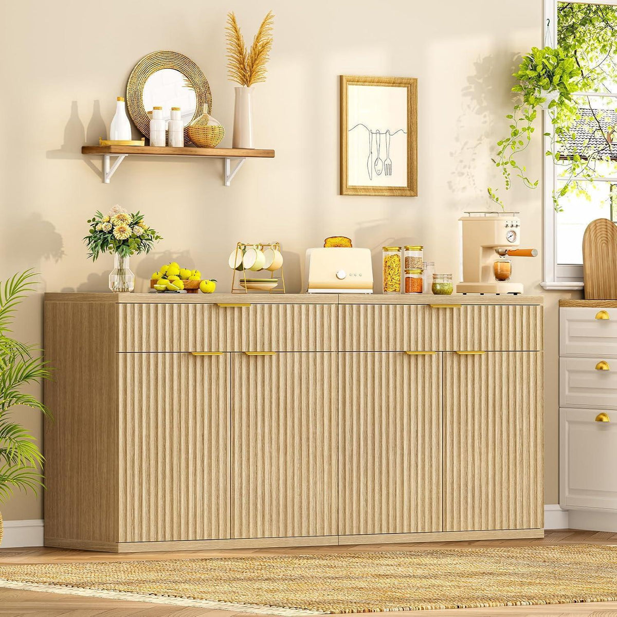 Sideboard mit geriffelten Türen & goldenen Griffen, Eiche
