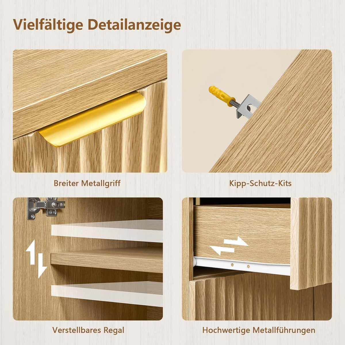 Sideboard mit geriffelten Türen & goldenen Griffen, Eiche