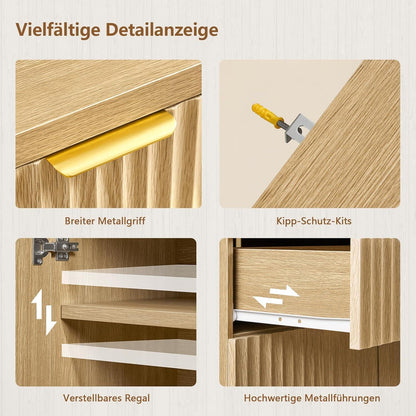 Sideboard mit geriffelten Türen & goldenen Griffen, Eiche