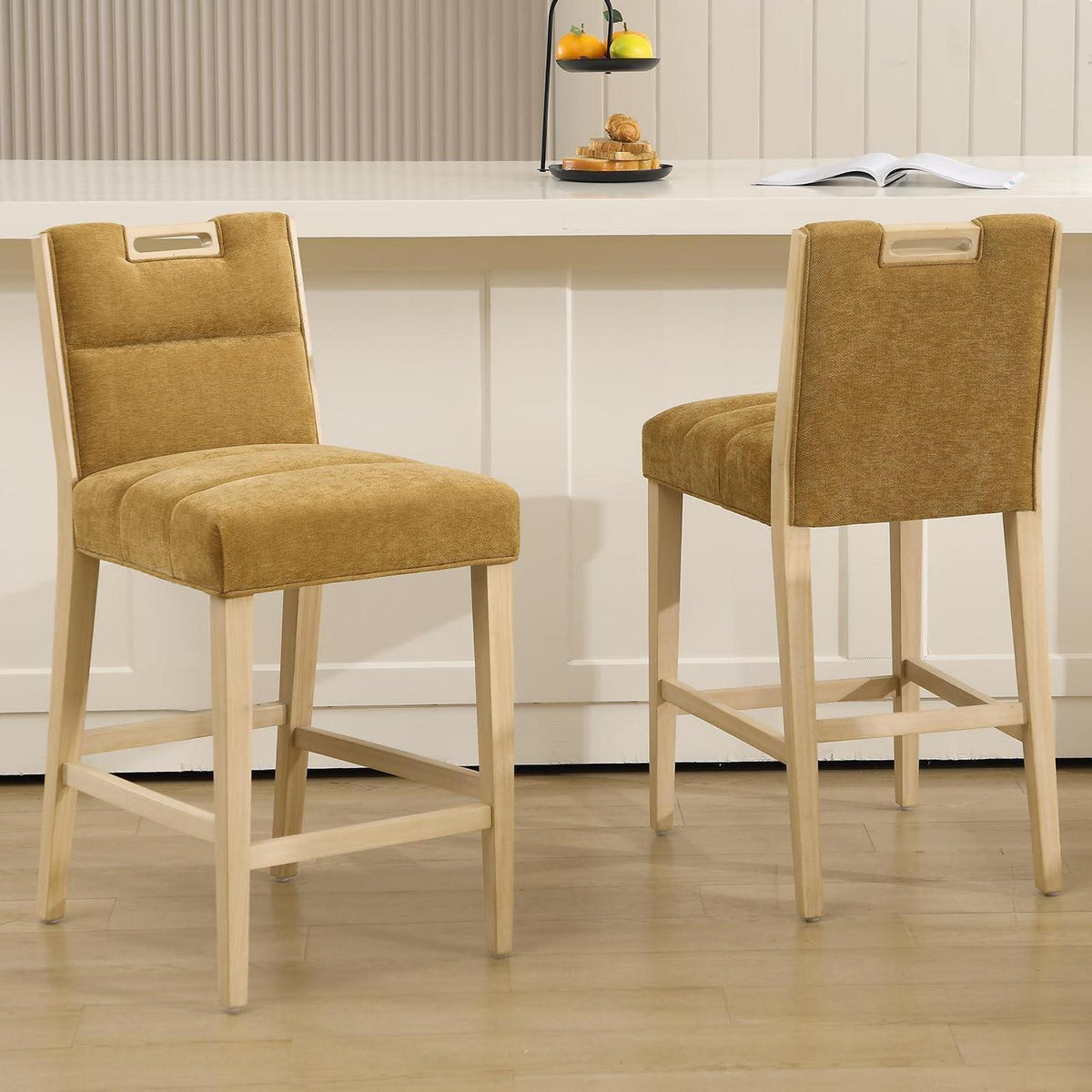 Barhocker 2er Set mit Chenille, Griff & Fußstütze – Gelb