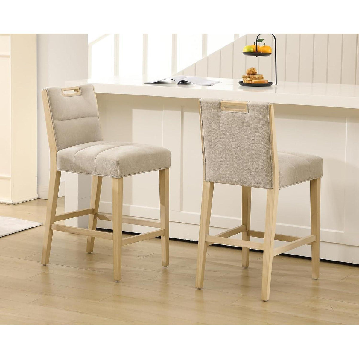 Barhocker 2er Set Chenille mit Fußstütze, Beige
