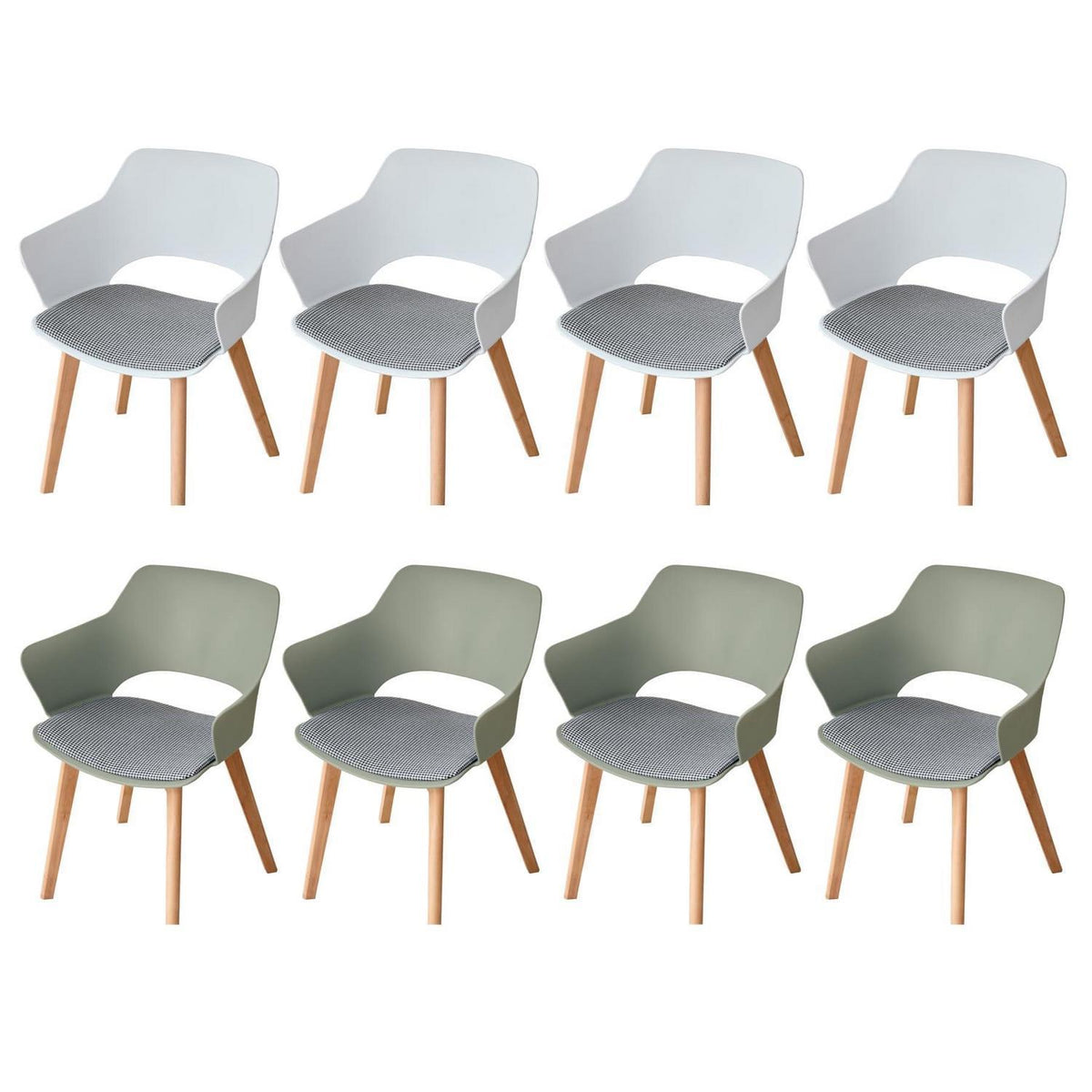 8 Esszimmerstühle mit Armlehne, Massivholz & Stoff, Weiß+Grün