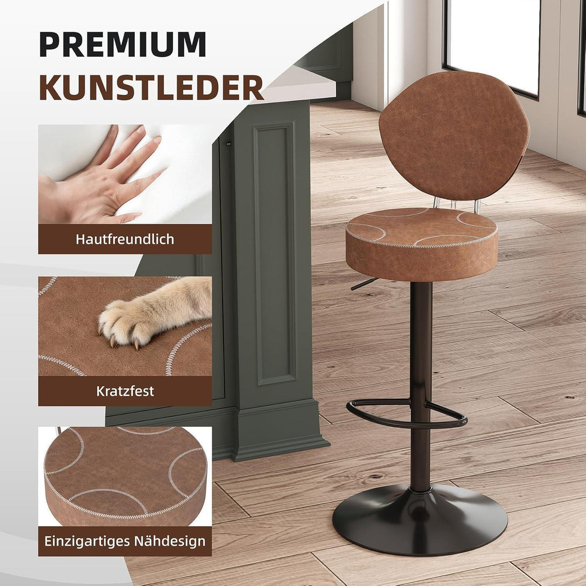 Höhenverstellbarer Barhocker Set (2x) Braun, Vintage Stil