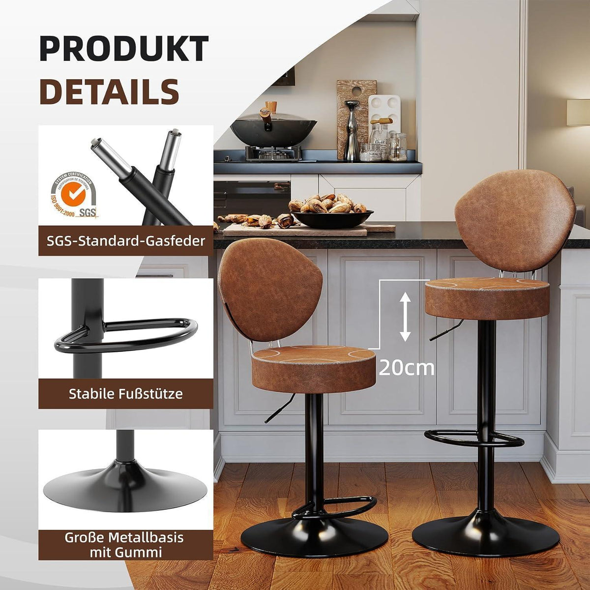 Höhenverstellbarer Barhocker Set (2x) Braun, Vintage Stil