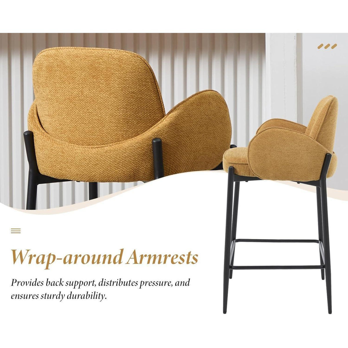 Moderner Barhocker 4er Set mit Chenille-Polster & Metallfüßen – Gelb