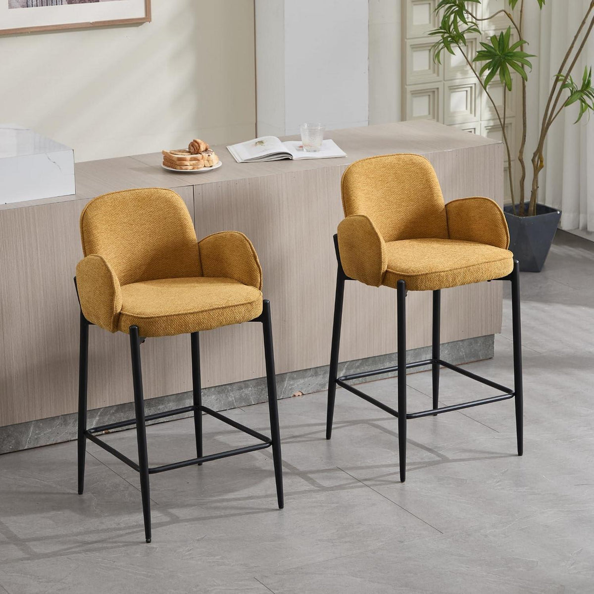 Moderner Barhocker 2er Set mit Chenille-Polster & Metallfüßen – Gelb