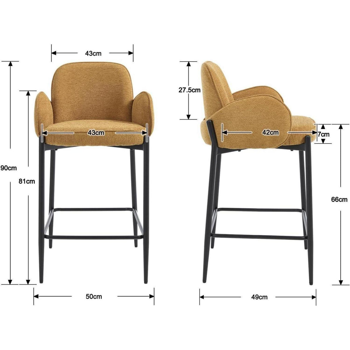 Moderner Barhocker 2er Set mit Chenille-Polster & Metallfüßen – Gelb