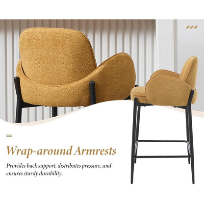 Moderner Barhocker 2er Set mit Chenille-Polster & Metallfüßen – Gelb
