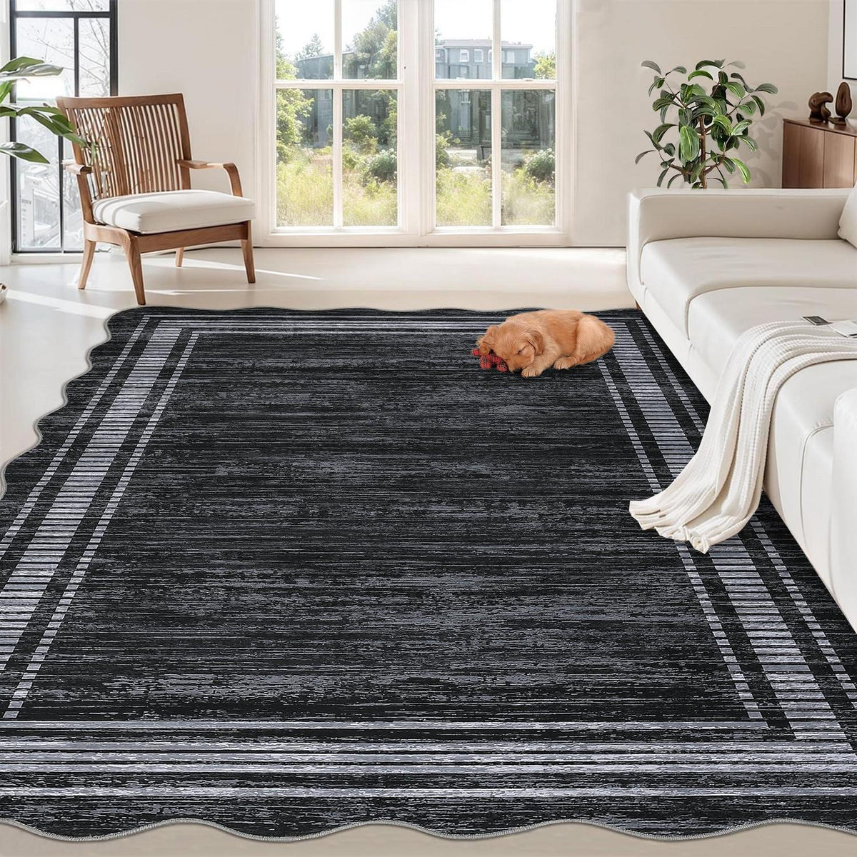 Moderner Wohnzimmerteppich 200x290 cm Schwarz mit Bordüre – Weich & Rutschfest