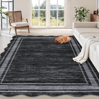 Moderner Wohnzimmerteppich 200x290 cm Schwarz mit Bordüre – Weich & Rutschfest