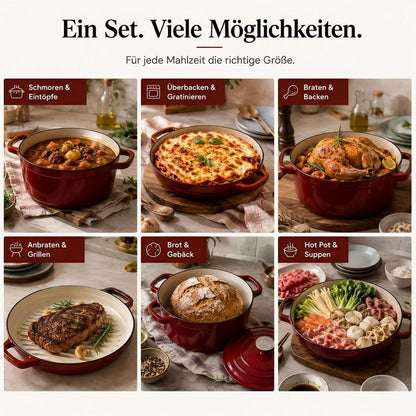 Emailliertes Gusseisen Topfset 4-teilig Rot – Dutch Oven & mehr