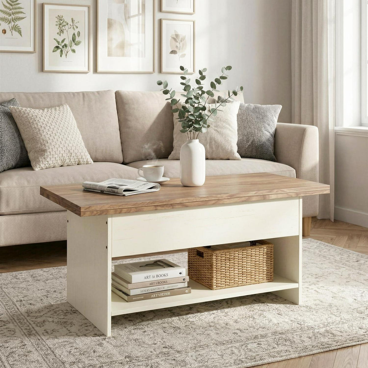 Höhenverstellbarer Couchtisch Holz mit Stauraum & Auszug
