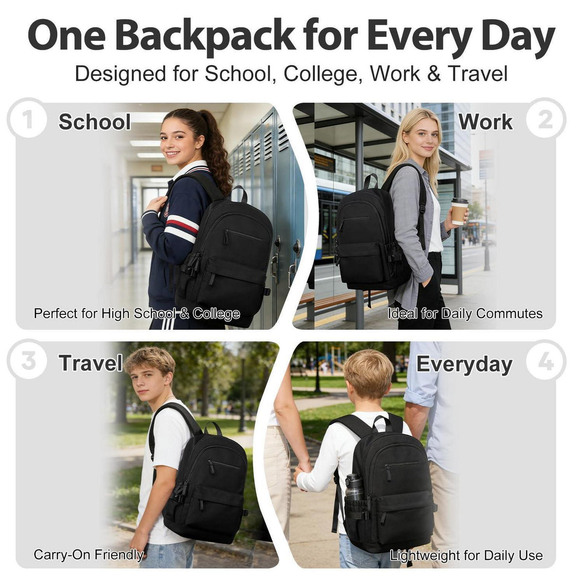 Schulrucksack Schwarz Wasserdicht mit Laptopfach für Teenager