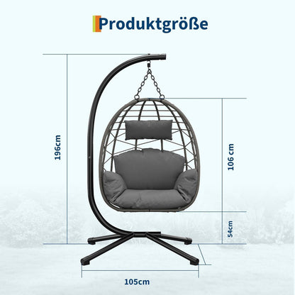 Rattan Hängesessel mit Gestell – Grau, Outdoor & Indoor