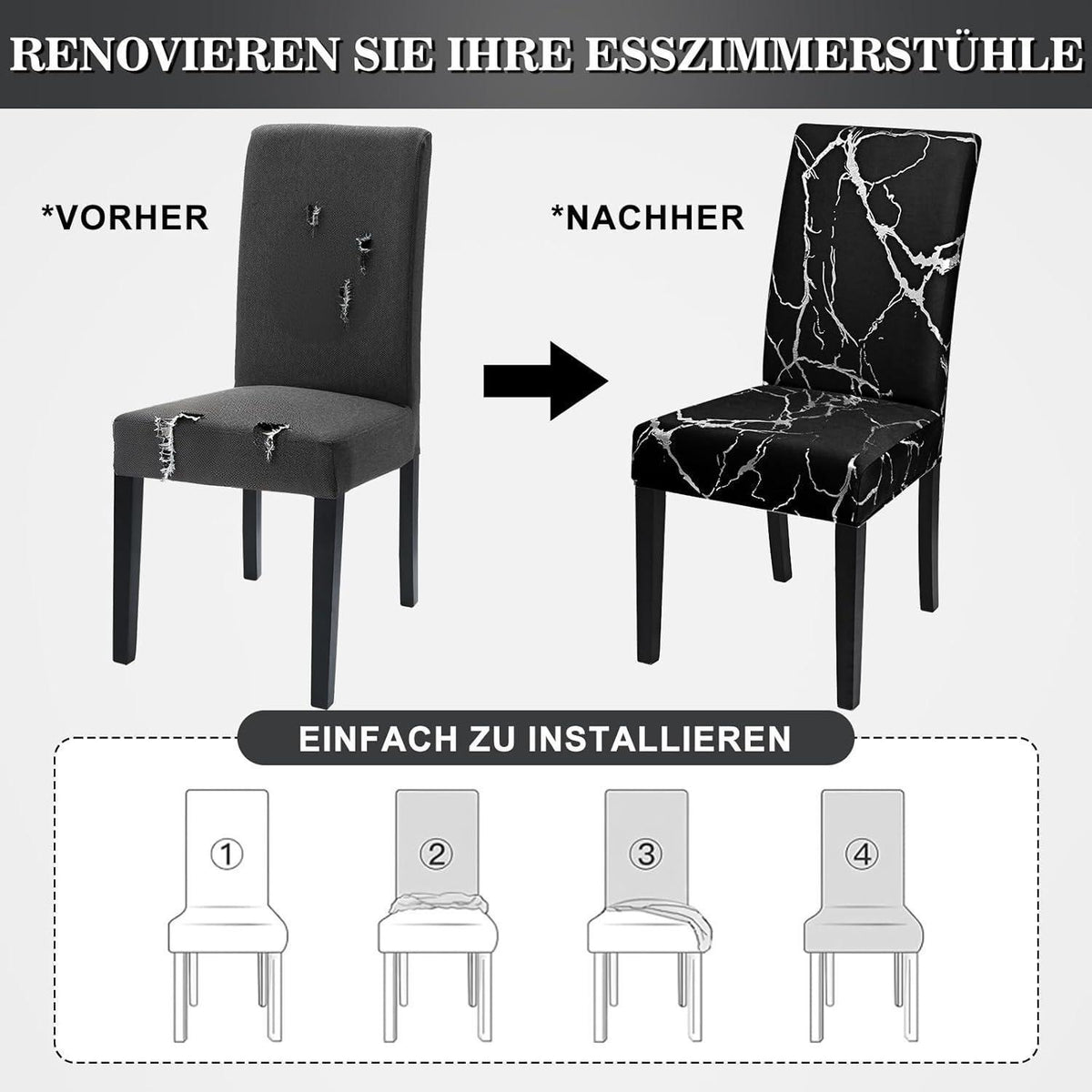 Stretch Stuhlhussen 4er Set – Schwarz mit Silber
