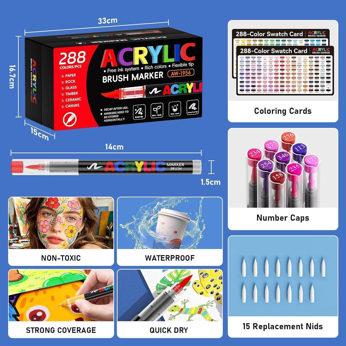 288 Acrylstifte Set Pinselspitze für Steine, Stoff & mehr