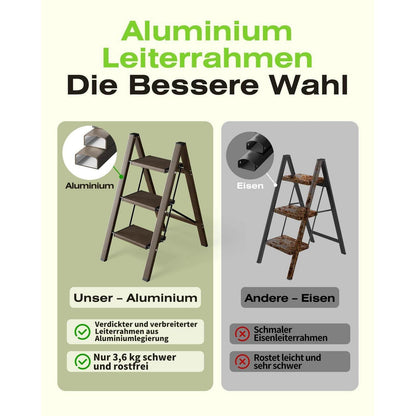 Trittleiter Aluminium Walnuss Optik 3 Stufen klappbar