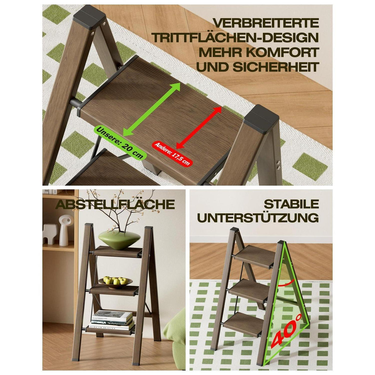 Trittleiter Aluminium Walnuss Optik 3 Stufen klappbar