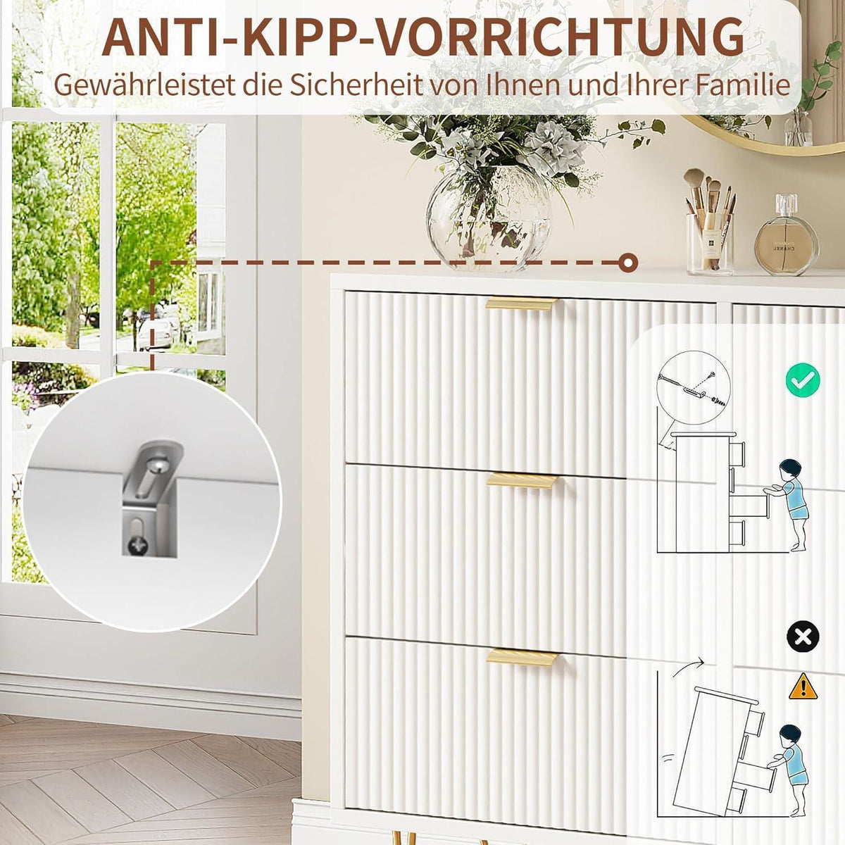 Kommode 4 Schubladen Weiß Elfenbein | Schlafzimmer Möbel mit Kippschutz