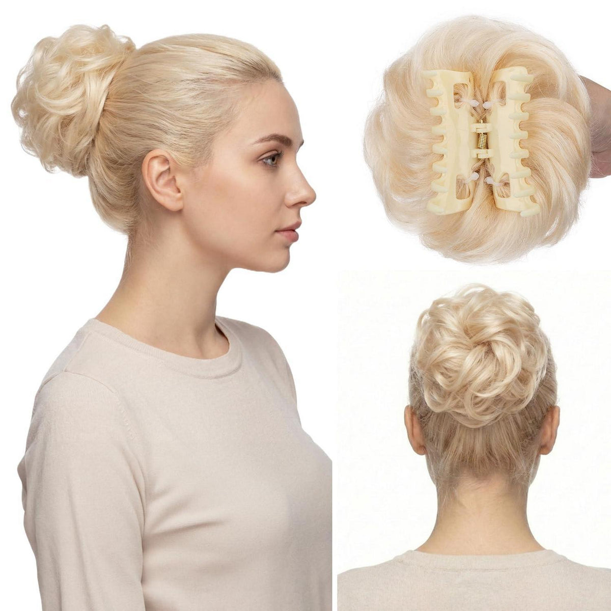 Echthaar Messy Bun mit Klammer - Platinblond