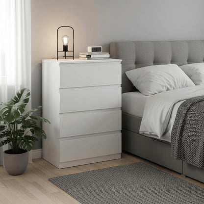 Kommode mit 4 Schubladen, Weiß – Schmaler Nachttisch/Sideboard