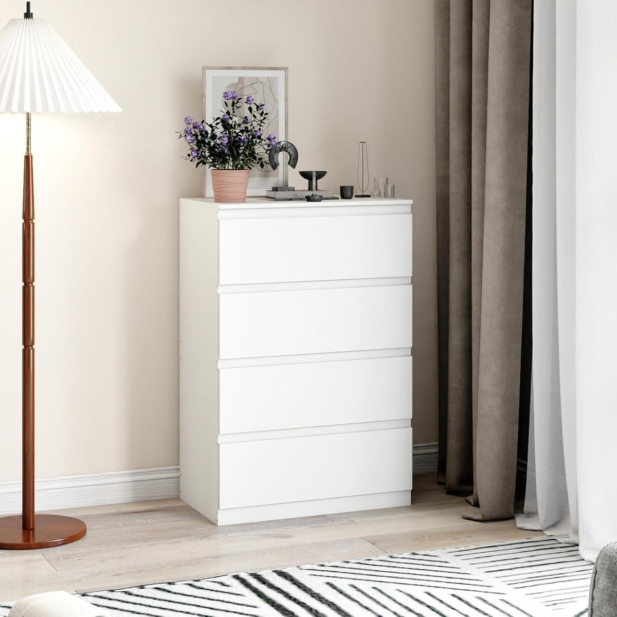 Kommode mit 4 Schubladen, Weiß – Schmaler Nachttisch/Sideboard
