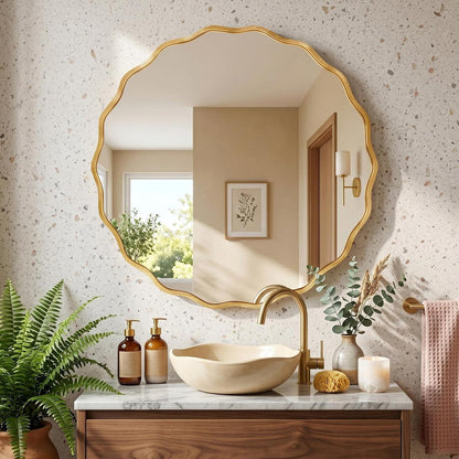 Runder Wellen-Wandspiegel Gold 80x80 cm – Modernes Badezimmerdesign