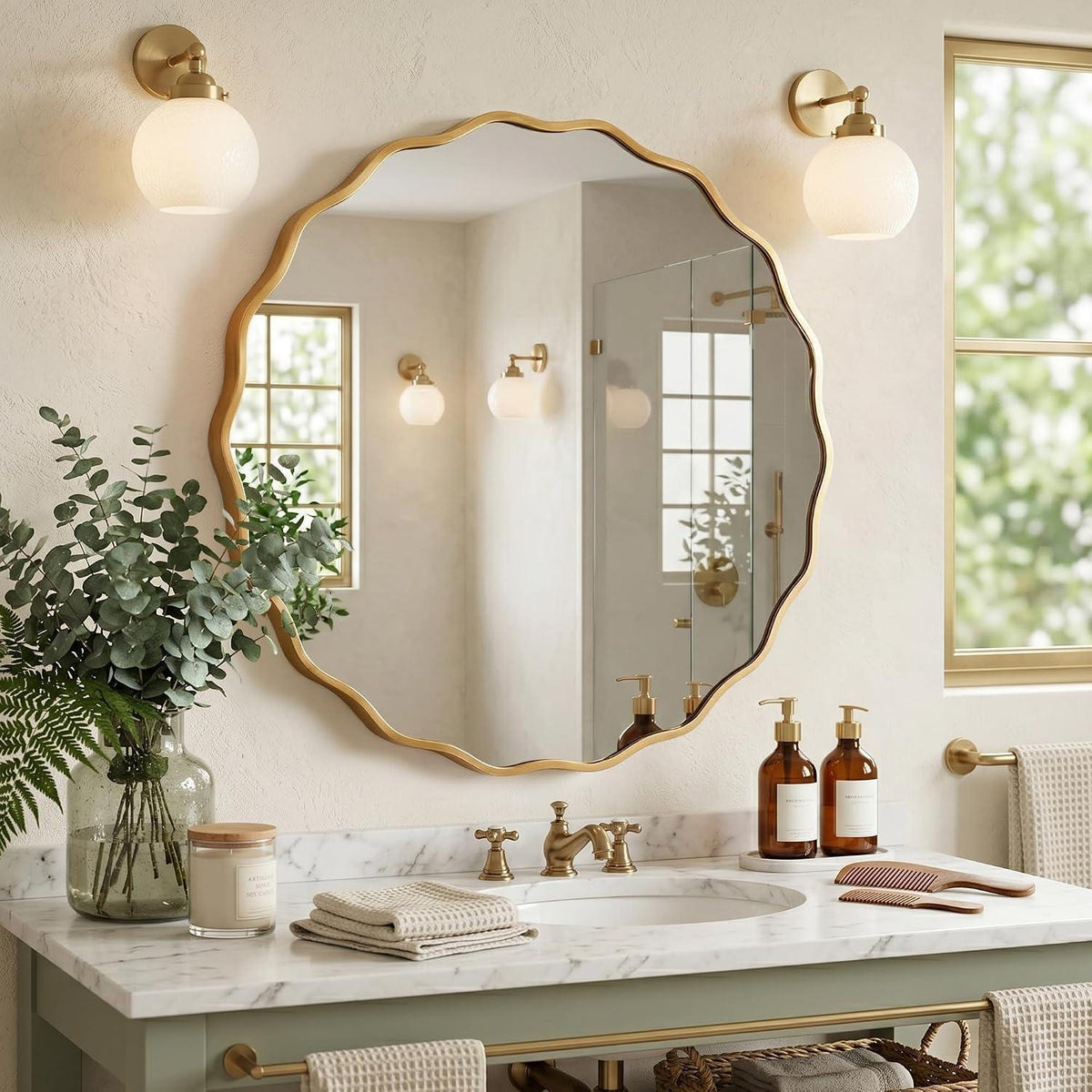 Runder Wellen-Wandspiegel Gold 80x80 cm – Modernes Badezimmerdesign