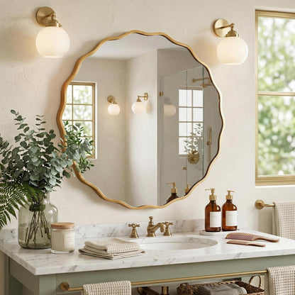 Runder Wellen-Wandspiegel Gold 80x80 cm – Modernes Badezimmerdesign
