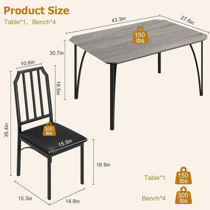 Esszimmer-Set Grau 5-teilig: Esstisch & 4 gepolsterte Stühle
