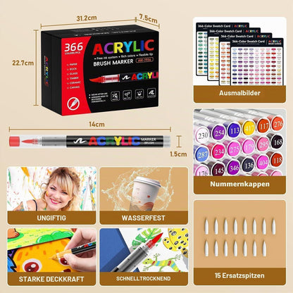 Acrylstifte Set 366 Farben – Pinselspitze für Steine, Holz & mehr