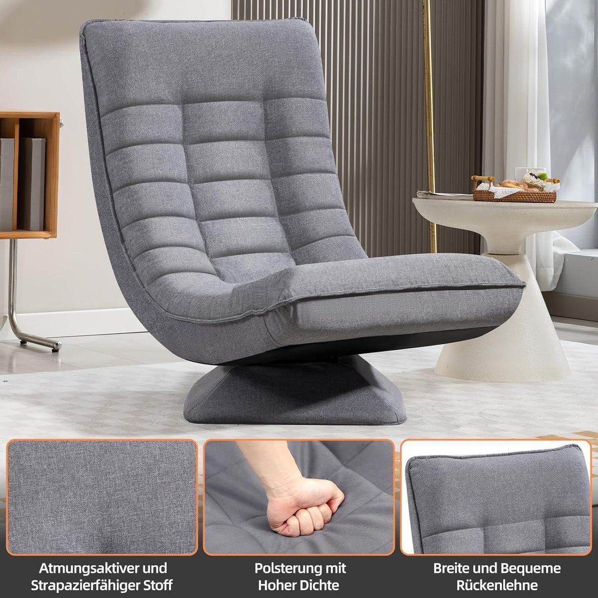 Verstellbarer Wohnzimmer Sessel – 360° Drehbar, Grau/Leinen