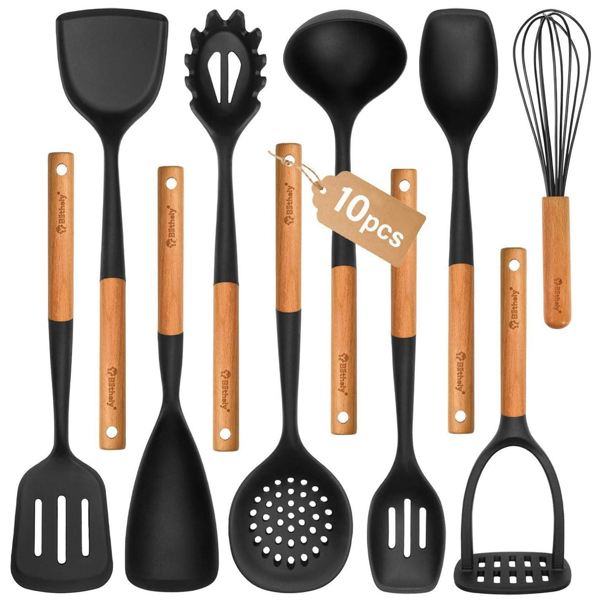10-teiliges Silikon Küchenhelfer Set mit Holzgriffen