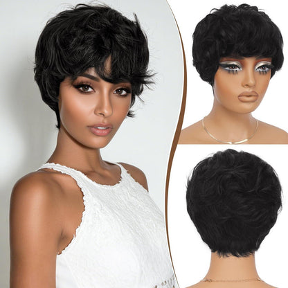 Echthaar Pixie Cut Perücke Schwarz mit Pony, Kurz & Gewellt