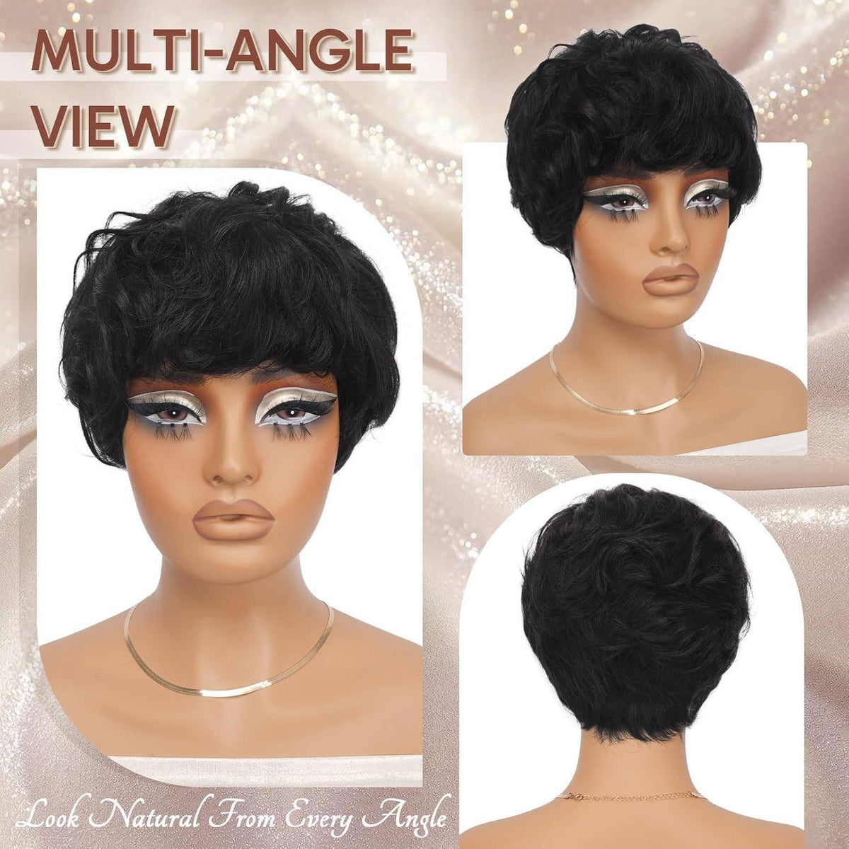 Echthaar Pixie Cut Perücke Schwarz mit Pony, Kurz & Gewellt