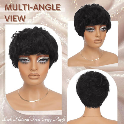 Echthaar Pixie Cut Perücke Schwarz mit Pony, Kurz & Gewellt