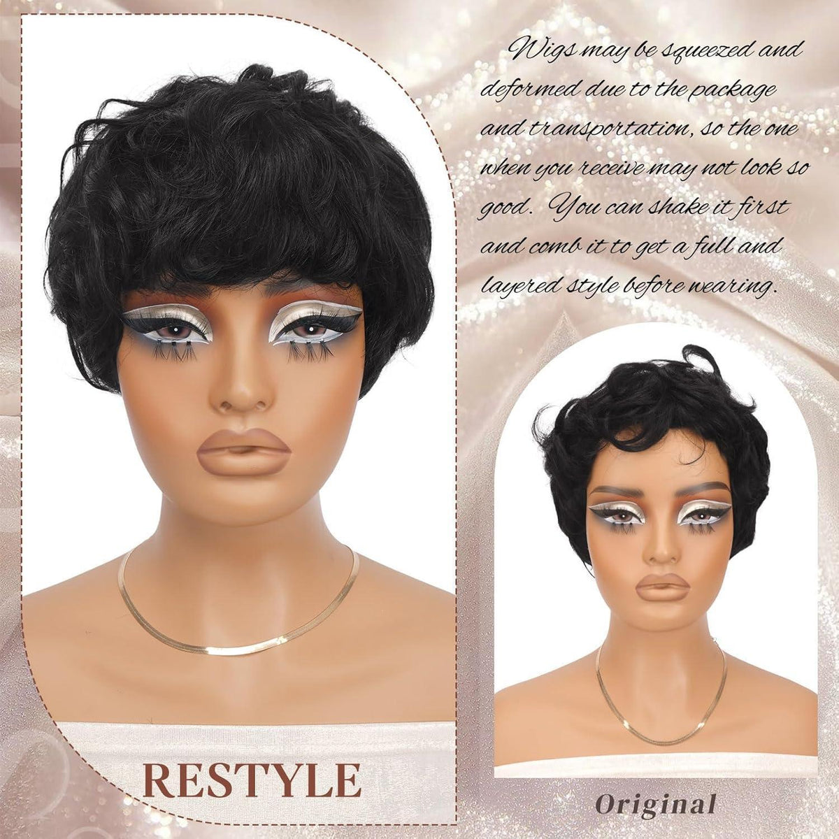 Echthaar Pixie Cut Perücke Schwarz mit Pony, Kurz & Gewellt