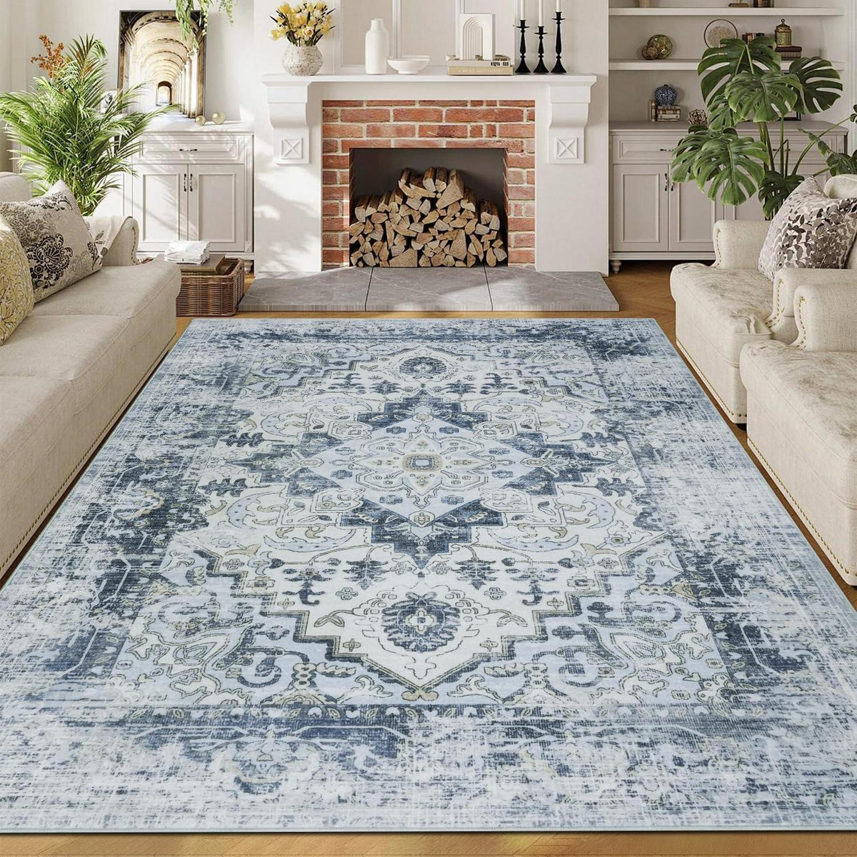 Waschbarer Vintage Teppich Blau 160x230cm – Boho Kurzflor Wohnzimmer